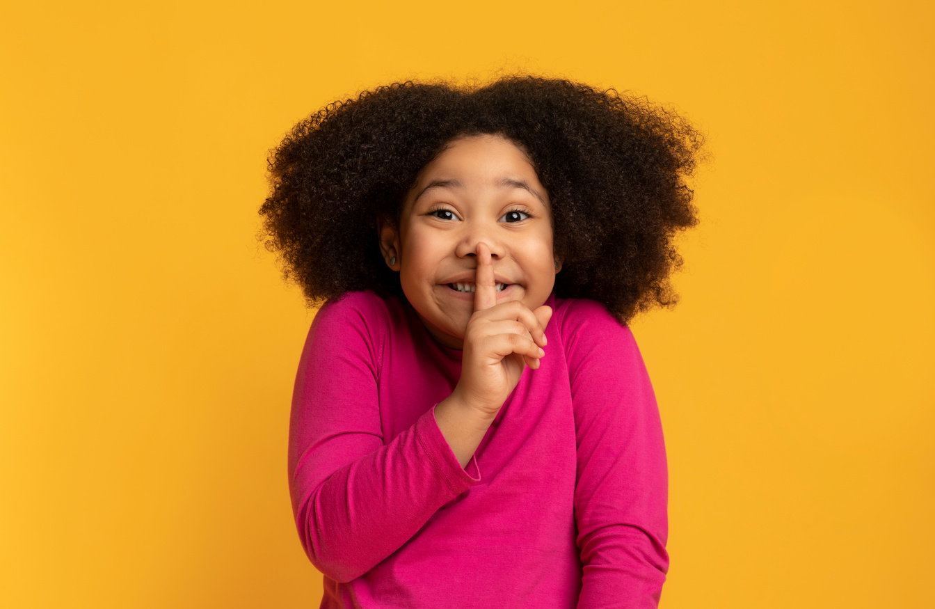 Keep Silence. Little Black Girl Showing Shh Sign On Yellow Background